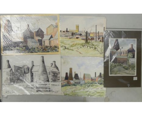 Dorothy HOWSE (Local Artist, 20th Century) Five artworks featuring Kilns of Stoke-on-Trent, includes Gladstone Pottery, Hanle