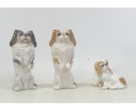 Royal Copenhagen Pair of Begging Dogs together with Bing &amp; Grondahl laying example. Height of tallest: 12cm