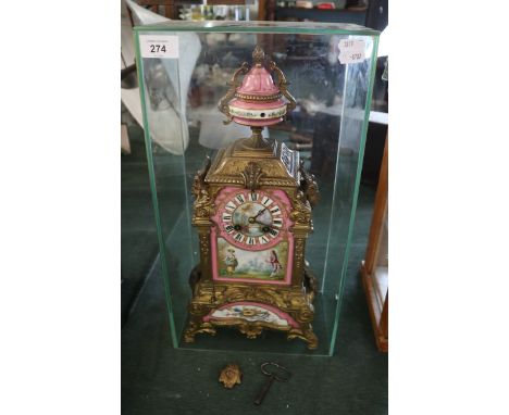 French gilt mantle clock in glass display case - Approx height of glass case: 45cm 