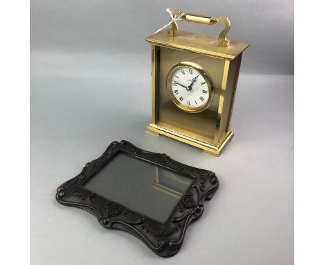 RETRO ANGELUS GILT METAL MANTEL CLOCK, 21.5cm high, along with a Neoclassical style photograph frame, 20cm high (2)