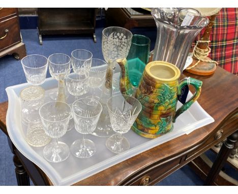 GLASS CELERY VASE, 25cm high, along with a green glass jug, Victorian coffee pot, glasses and a japanned table lamp