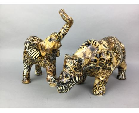 TWO COLLAGE SAFARI CERAMIC FIGURES, one of an elephant and the other a rhino, the tallest 21cm; along with a Royal Doulton "F