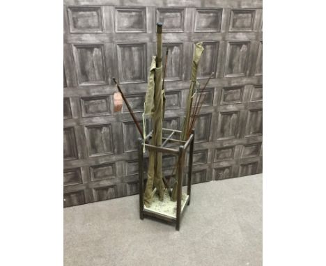 VINTAGE OAK SQUARE STICK STAND, 66cm highm along with various fishing rods