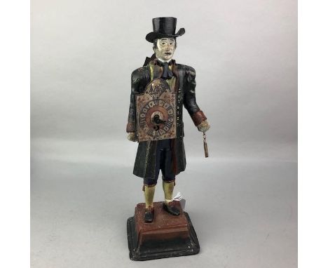 CAST IRON FIGURE OF A CLOCK MAKER, 36cm high