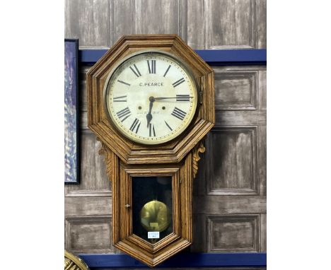 VICTORIAN OAK OFFICE WALL CLOCK, by C Pearce, Bournemouth, 79cm high