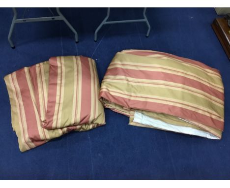 LARGE PAIR OF STRIPED SILK CURTAINS, triple lined including a fire retardant lining Ex. Carlton Club, London