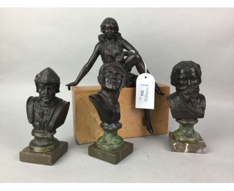 ART DECO STYLE BRONZE FIGURE OF A LADY, on marble base, 23.5cm high; along with three reproduction bronze busts, the tallest 