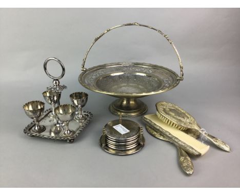 SILVER PLATED BREAKFAST SET, along with a dressing table set, other plated wares, two trays and a print of Lord Nelson&nbsp;