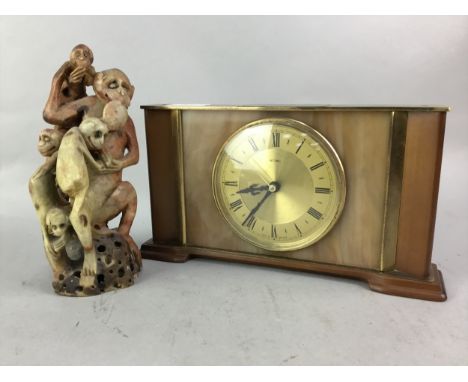 CHINESE SOAPSTONE FIGURAL GROUP, depicting monkeys, along with a mantel clock, a table lamp a desk calendar, and other items