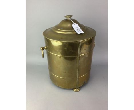19TH CENTURY MAHOGANY SQUARE STOOL, on brass castors, 36cm wide, along with a brass coal bin (2)