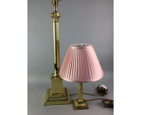 TWO BRASS COLUMN TABLE LAMPS, the tallest lamp is 66cm high