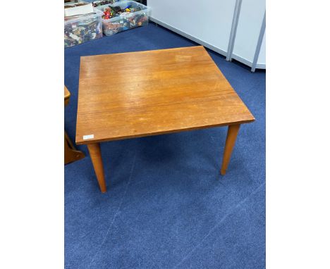 TEAK SQUARE TABLE, 72.5cm wide, along with a nest of three tables and a floor lamp (3)