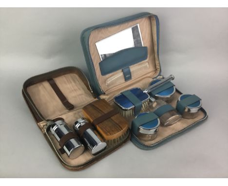 CASED BLUE GUILLOCHE ENAMEL TRAVEL VANITY SET, along with another cased travel set, two clothes brushes, two Celtic FC match 