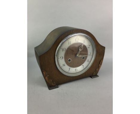 SMITHS ENFIELD MAHOGANY MANTEL CLOCK, 20cm high, along with a boxed Charles Rennie MacIntosh style crystal decanter and a box