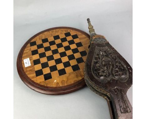 VICTORIAN CHESSBOARD TABLETOP, 33cm diameter, along with a mahognay framed needlwork panel, a set of bellows, Backgammon set,