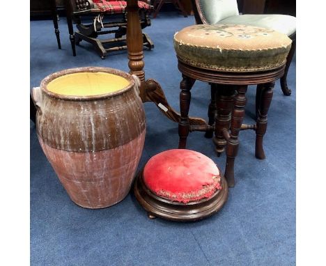 LATE VICTORIAN REVOLVING CIRCULAR PIANO STOOL, 38cm diameter, along with a stained wood circular footstool and a stoneware cr