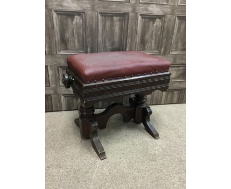 19TH CENTURY MAHOGANY PIANO STOOL, with Brooks Ltd height adjusting mechanism, 50cm wide