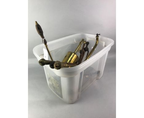 LOT OF 19TH CENTURY BRASS FIRE TOOLS, along with other brassware