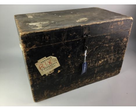 19TH CENTURY WOOD BOX, 51cm wide, along with a mantel clock, a cast iron Roman numeral plaques and other items