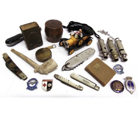 ASSORTED COLLECTABLES  comprising a Great War French brass trench art matchbox cover; a treen pot; an 'A.R.P.' whistle; a 'G.