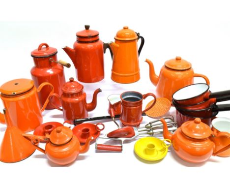 A COLLECTION OF ASSORTED ENAMEL WARES  including teapots, coffee pots etc.