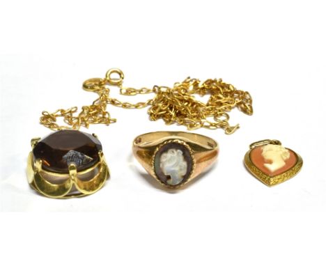 TWO VINTAGE 9CT GOLD FINE CURB NECKLACES, A SMOKEY QUARTZ PENDANT AND A CAMEO RING AND PENDANT comprising; a fine curb chain 