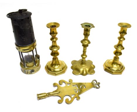 A LATE 19TH CENTURY MARSAUT MINING LAMP  regulation pattern, solid brass base with steel hood, numbered '11' 24cm high; A Vic