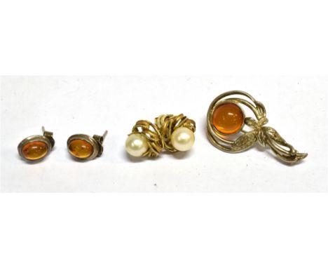 THREE PAIRS OF EARRINGS AND A BROOCH comprising; a pair of vintage Italian 9ct gold and cultured-pearl stud earrings with pla