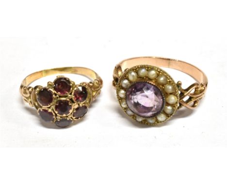 TWO VICTORIAN GOLD CLUSTER RINGS INCLUDING A SMALL GARNET SEVEN STONE CLUSTER RING the round mixed-cut stones claw-collet set