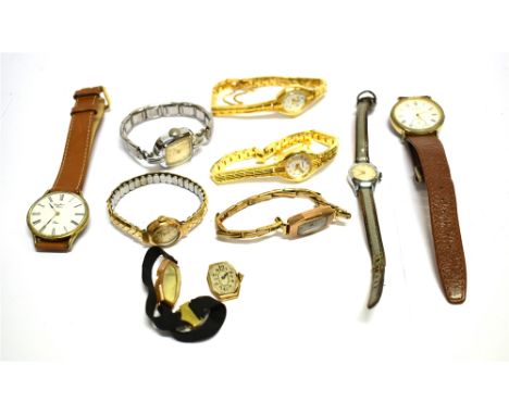 THREE LADY'S GOLD WRISTWATCHES AND A COLLECTION OF OTHER WATCHES Comprising; an Art Deco 9ct gold canted-rectangular wrist wa