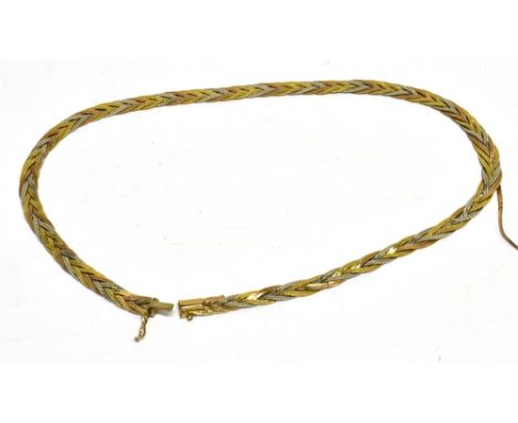 A VINTAGE ITALIAN BI-COLOUR FLAT WOVEN-MESH NECKLACE  on a box snap stamped '750', 40cm long (15 ¾ in), 15.7g  