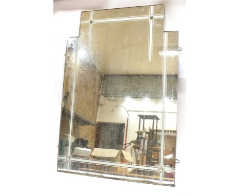 A 1930'S 'ART DECO' GEOMETRIC WALL MIRROR  with parallel line etched decoration, wooden backed with applied maker's paper lab