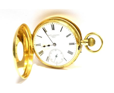 ROB H HALFORD, 48 FENCHURCH STREET, LONDON, AN 18CT GOLD HALF-HUNTER CASED KEYLESS POCKET WATCH, CIRCA 1906 with a three-quar