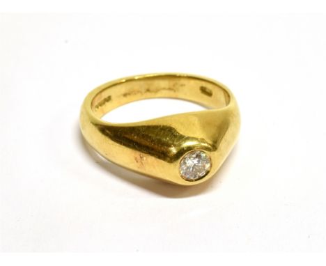 A VINTAGE 18CT GOLD AND DIAMOND SOLITAIRE GYPSY RING  The round brilliant approx. 0.25cts, rub-over set to a tapering conical