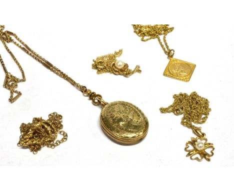 FOUR 9CT GOLD PENDANTS AND CHAINS AND A GOLD-PLATED AND ENAMEL OVAL-LOCKET AND CHAIN the 9ct pendants include; a lozenge-shap