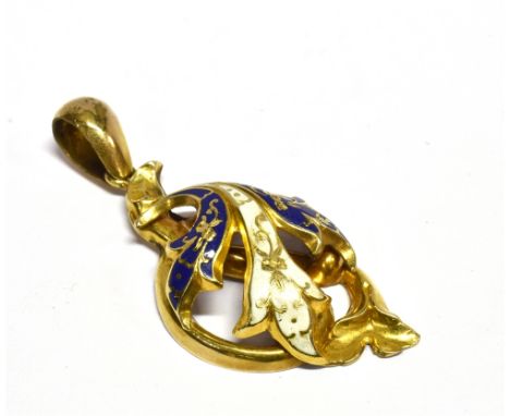 A LATE VICTORIAN GOLD AND ENAMEL FOLIATE SCROLL PENDANT probably adapted from a necklace or brooch drop, approx. 45mm high ov