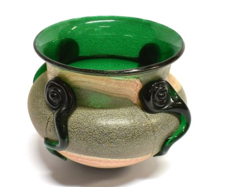 AN ART GLASS BOWL  with textured surface, applied with four trailing prunts, 17cm diameter 13.5cm high
