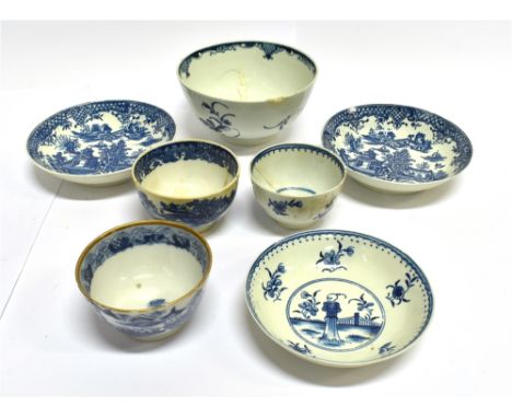 A COLLECTION OF 18TH CENTURY ENGLISH BLUE &amp; WHITE CERAMIC TEA BOWLS AND SAUCERS  mostly Worcester, various sizes and patt