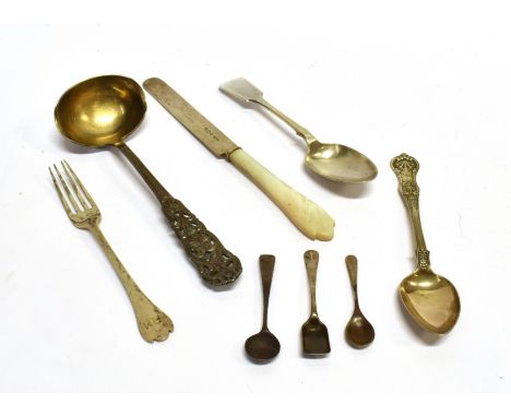 A SMALL COLLECTION OF SILVER FLATWARE INCLUDING A SCANDINAVIAN .830 STANDARD SAUCE LADLE with a floral pierced handle, 53g; a