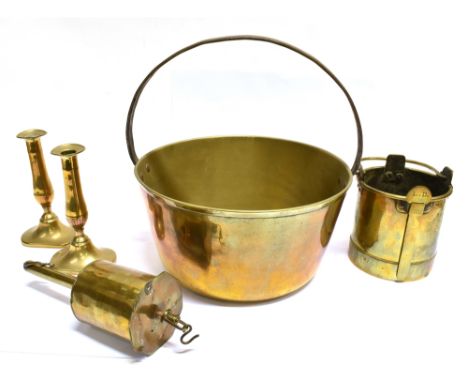 A 19TH CENTURY LARGE BRASS PRESERVING OR JAM PAN  of typical shape and form with shaped cast iron handle, 34cm; A 19th Brass 