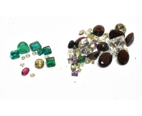 A COLLECTION OF DIAMONDS AND OTHER GEMSTONES FROM MOUNTS Including a brown old-cut diamond and six small round brilliants; si