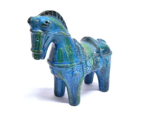 A BITOSSI ITALIAN ART POTTERY FIGURE OF A HORSE  the 'Rimini Blue' body with incised decoration, 27cm high