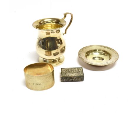 A COLLECTION OF SMALL SILVER INCLUDING BALUSTER SHAPED CHRISTENING MUG with a double scroll handle and engraved with a monogr