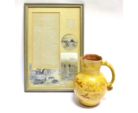A LATE 19TH CENTURY NORTH DEVON (FISHLEYS POTTERY) COMMEMORATIVE SLIPWARE CIDER PITCHER with double-scroll handle, decorated 