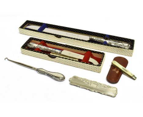 A VICTORIAN SILVER AND MOTHER OF PEARL MOUNTED FOLDED FRUIT KNIFE AND OTHER SMALL ITEMS the fruit knife with mark of John Yeo