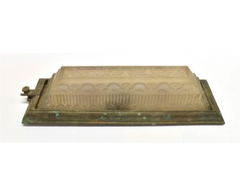 AN ART DECO LIGHT FITTING  the frosted glass inset shade with relief decoration, secured in hinged metal frame with threaded 