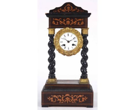 A MID 19th CENTURY FRENCH PORTICO STYLE MANTLE CLOCK the ebonised inlaid case supported by twisted columns on plinth base enc