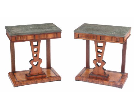A PAIR OF WALNUT VENEERED MARBLE TOPPED CONSOLE TABLES 64cm wide 38cm deep 69cm high