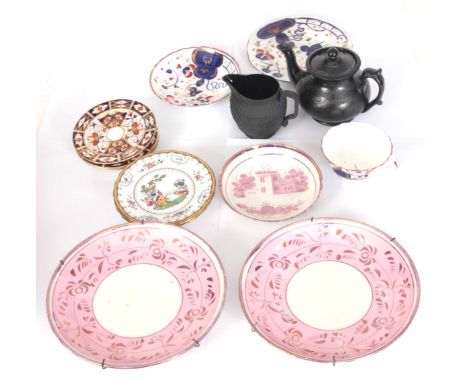 A MIXED LOT OF POTTERY AND PORCELAIN including a pair of Sunderland lustre plates with hanging wires, a small Sunderland lust