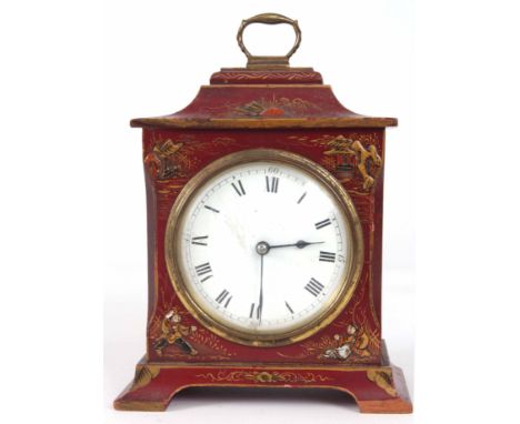 AN EARLY 20th CENTURY RED LACQUERED MANTLE CLOCK with chinoiserie designed case enclosing a Roman enamel dial fronting an eig